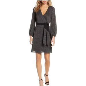 Sam Edelman Black Silver Metallic Glitter Faux Wrap Long‎ Sleeve Dress